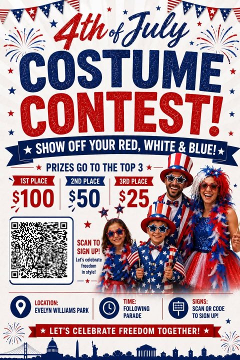 Advertisement, Poster, Person. Text: 4th of July COSTUME CONTEST! SHOW OFF YOUR RED, WHITE &amp; BLUE! PRIZES GO TO THE TOP 3 1ST PLACE 2ND PLACE 3RD PLACE $50 $25 $100 SCAN TO SIGN UP! Let's celebrate freedom in style! TIME: SIGNS: LOCATION: FOLLOWING SCAN QR CODE EVELYN WILLIAMS PARK PARADE TO SIGN UP! LET'S CELEBRATE FREEDOM TOGETHER!
