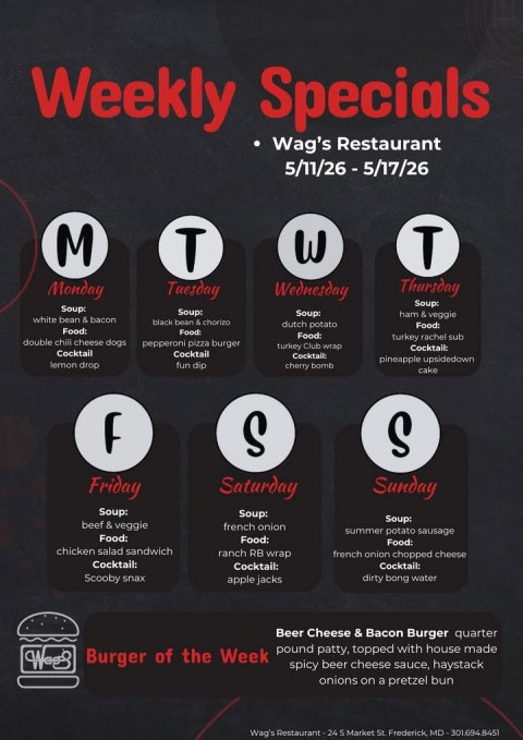 Advertisement, Poster, Text. Text: Weekly Specials Wag's Restaurant M T T Thursday Monday Tuesday Wednesday Soup: Soup: Soup: Soup: ham &amp; veggie white bean &amp; bacon black bean &amp; chorizo dutch potato Food: turkey rachel sub double chili cheese dogs pepperoni pizza burger turkey Club wrap Cocktail: Cocktail Cocktail Cocktail: pineapple upsidedown lemon drop fun dip cherry bomb cake S S Friday Saturday Sunday Soup: Soup: Soup: beef &amp; veggie french onion summer potato sausage Food: Food: chicken salad sandwich ranch RB wrap french onion chopped cheese Cocktail: Cocktail: Cocktail: Scooby snax apple jacks dirty bong water