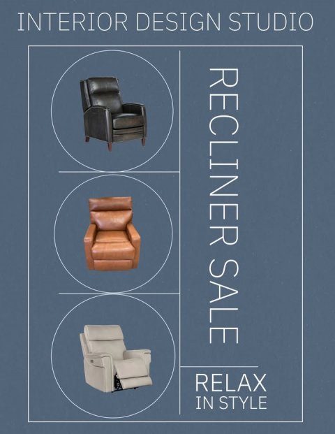 Furniture, Chair, Cushion. Text: INTERIOR DESIGN STUDIO RECLINER SALE RELAX IN STYLE