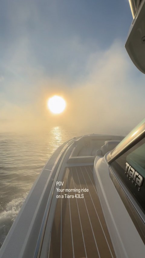 Yacht, Sky, Sun. Text: YACHTS POV Your morning ride on a Tiara 43LS