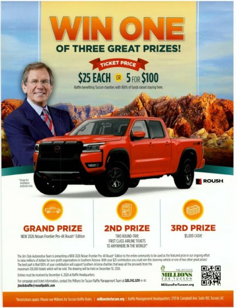 Advertisement, Poster, Pickup Truck. Text: WIN ONE OF THREE GREAT PRIZES! TICKET PRICE $25 EACH OR 5 FOR $100 ROUSH GRAND PRIZE 2ND PRIZE 3RD PRIZE FIRST CLASS AIRLINE TICKETS TO ANYWHERE IN THE WORLD!"