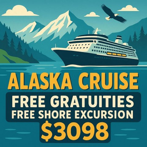 Boat, Advertisement, Poster. Text: ALASKA CRUISE FREE GRATUITIES FREE SHORE EXCURSION $3098