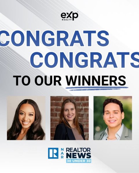 Adult, Person, Woman. Text: exp REALTY CONGRATS TO OUR WINNERS REALTOR R NAR NEWS 30 UNDER 30