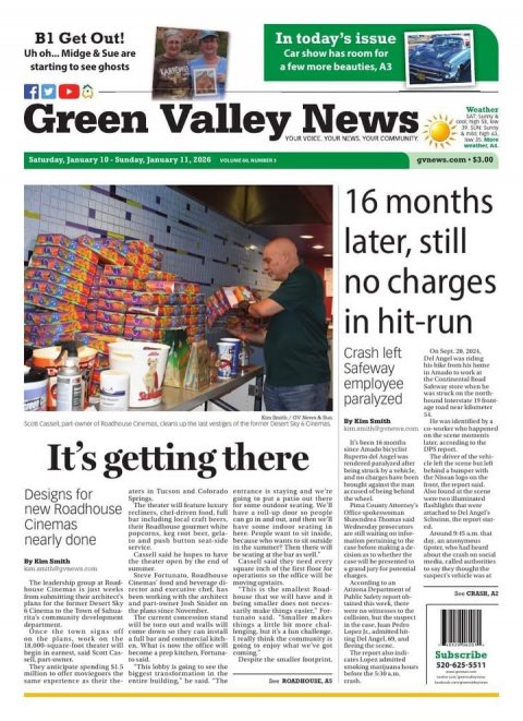 Newspaper, Man, Person. Text: B1 Get Out! In today's issue Uh oh... Midge &amp; Sue are Car show has room for starting to see ghosts a few more beauties, A3 f Green Valley YOUR News VOICE YOUR YOUR Weather NEWS COMMUNITY 16 months later, still no charges in hit-run Crash left Del Angel was riding Safeway employee