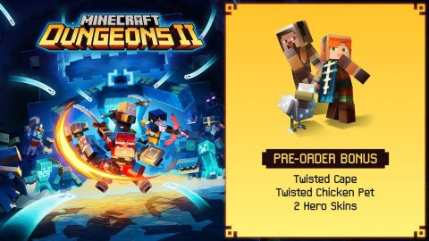 Advertisement, Poster. Text: MINECRAFT DUNGEONS II PRE-ORDER BONUS Twisted Cape Twisted Chicken Pet 2 Hero Skins