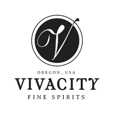 Logo, Text, Stencil. Text: OREGON, USA VIVACITY FINE SPIRITS