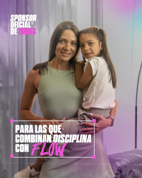 Adult, Person, Woman. Text: SPONSOR OFICIAL® PARA LAS QUE COMBINAN DISCIPLINA CON FLOW
