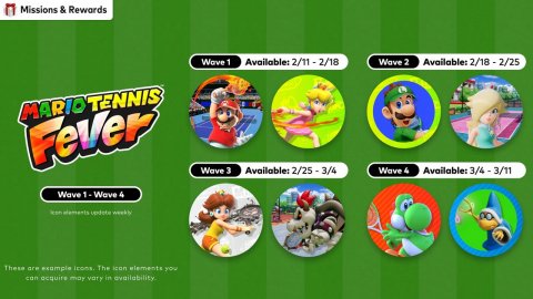 Baby, Person, Sticker. Text: Missions &amp; Rewards MARIO TENNIS Fever Wave 4 Wave 1-Wave 4
