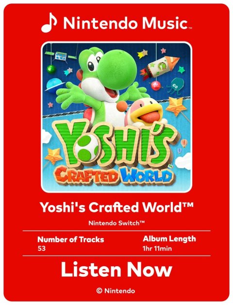 Advertisement, Poster, Ketchup. Text: CRAFTED WORLD Nintendo Switch™ Number of Tracks Album Length 53 1hr 11min Listen Now © Nintendo