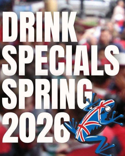 Frog, Text, Person. Text: DRINK SPECIALS SPRING 2026