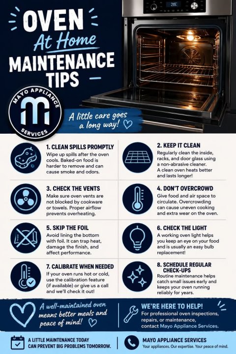Advertisement, Poster, Device. Text: OVEN At Home MAINTENANCE TIPS - A little care goes a long way! SERVICES 2. KEEP IT CLEAN 1. CLEAN SPILLS PROMPTLY Regularly clean the inside, Wipe up spills after the oven racks, and door glass using cools. Baked-on food is a non-abrasive cleaner. harder to remove and can A clean oven heats better cause smoke and odors. and lasts longer! 3. CHECK THE VENTS 4. DON'T OVERCROWD Make sure oven vents are Give food and air space to not blocked by cookware circulate. Overcrowding or towels. Proper airflow can cause uneven cooking prevents overheating. and