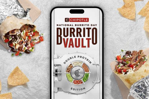 Food, Lunch, Gas Pump. Text: CHIPOTLE NATIONAL BURRITO DAY BURRITO VAULT DOUBLE PROTEIN EDITION