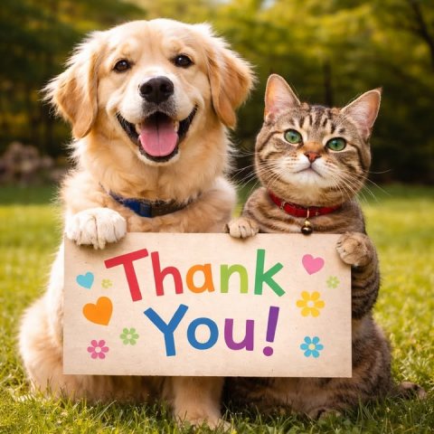 Dog, Golden Retriever, Grass. Text: Thank You!