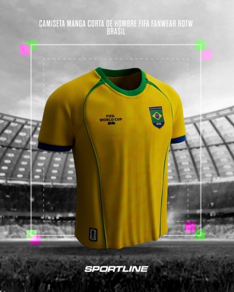 Shirt, T-Shirt, Jersey. Text: CAMISETA MANGA CORTA DE HOMBRE FIFA FANWEAR ROTW BRASIL FIFA WORLD CUP SPORTLINE