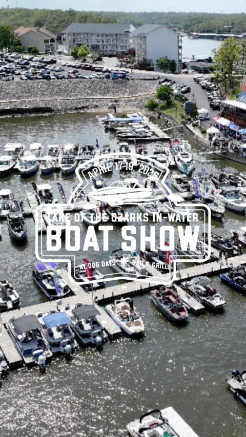 Waterfront, Harbor, Yacht. Text: APRIL 17-19 2026 BOAT SHOW AT DOG DAYS BAR &amp; GRILL