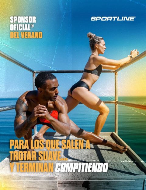 Advertisement, Swimwear, Tattoo. Text: SPONSOR SPORTLINE OFICIAL® R DEL VERANO PARA LOS QUE SALEN A TROTAR SUAVE...