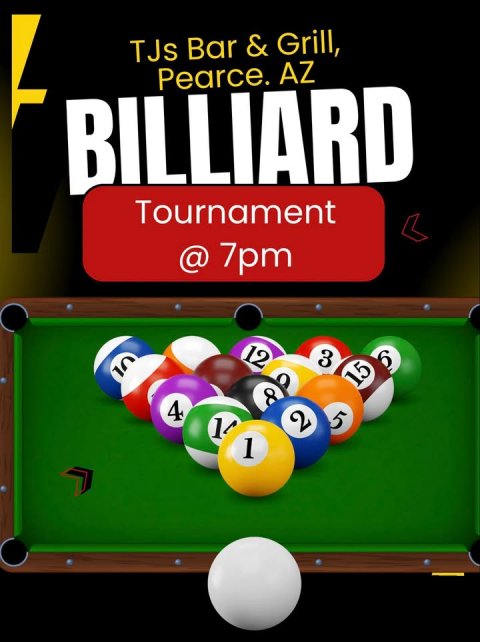 Furniture, Table, Indoors. Text: TJs Bar &amp; Grill, Pearce. AZ Tournament @ 7pm 12 3 6 10 15 8 4 5 2 1