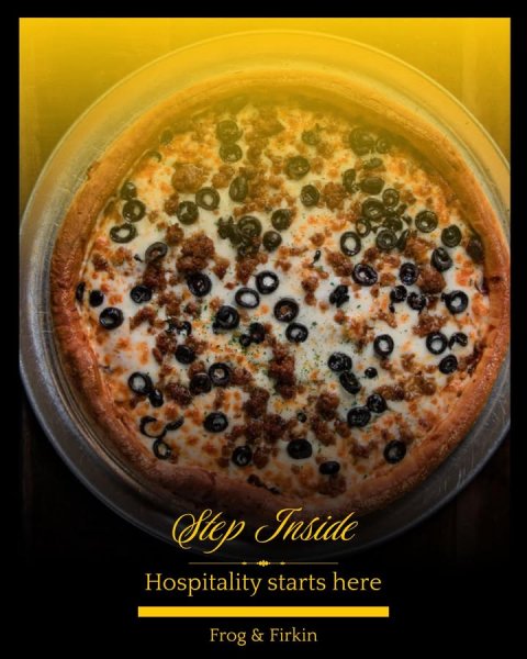 Pizza, Advertisement, Cooking. Text: Step Inside Hospitality starts here Frog &amp; Firkin