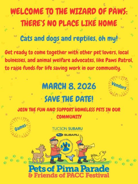 Advertisement, Poster, Person. Text: WELCOME TO THE WIZARD OF PAWS: THERE'S NO PLACE LIKE HOME Cats and dogs and reptiles, oh my! Get ready to come together with other pet lovers, local buinesses, and animal welfare advocates, like Paws Patrol, to raise funds.for life saving work in our community. Vendors MARCH 8, 2026 SAVE THE DATE! JOIN THE FUN AND SUPPORT HOMELESS PETS IN OUR COMMUNITY TUCSON SUBARU Games SUBARU Pets of Pima Parade &amp; Friends of PACC Festival