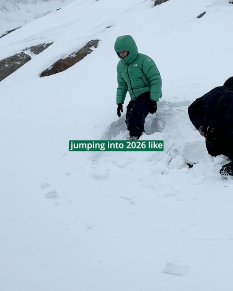 Coat, Outdoors, Nature. Text: jumping into 2026 like