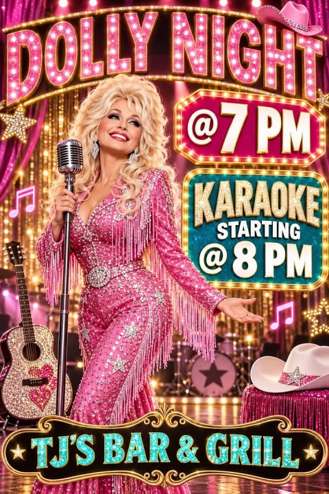 Person, Solo Performance, Bride. Text: DOLLY NIGHT @7 PM KARAOKE STARTING @8PM TJ'S BAR&amp;GRILL