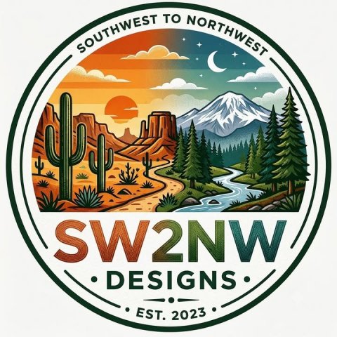 Logo, Disk, Dvd. Text: SOUTHWEST TO NORTHWEST SW2NW DESIGNS EST. 2023