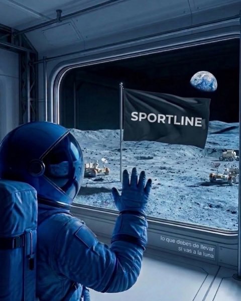 Glove, Helmet, Person. Text: SPORTLINE lo que debes de llevar si vas a la luna