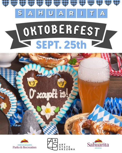 Birthday Cake, Knife, Cup. Text: S A H U A R I T A OKTOBERFEST SEPT. 25th ART Sahuarita Parks &amp; Recreation STATE ARIZONA