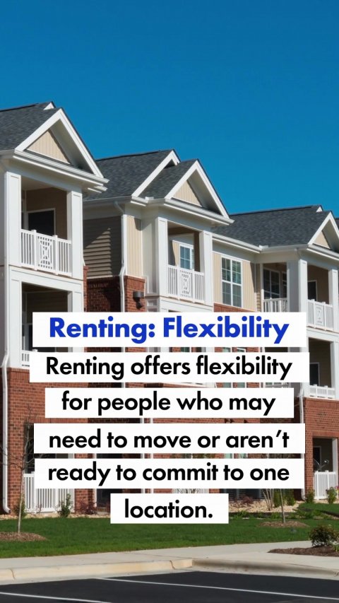 Neighborhood, City, Condo. Text: Renting: Flexibility Renting offers flexibility for people who may need to move or aren't ready to commit to one location.