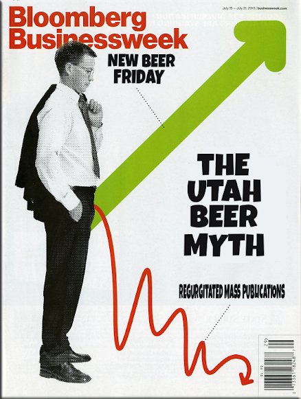 Advertisement, Poster, Person. Text: Bloomberg Businessweek NEW BEER FRIDAY THE UTAH BEER MYTH REGURGITATED MASS PUBLICATIONS