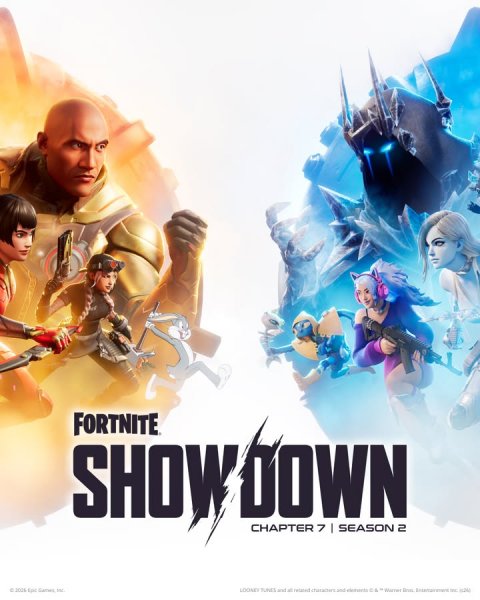 Advertisement, Poster, Person. Text: FORTNITE SHOW DOWN CHAPTER 7 I SEASON 2