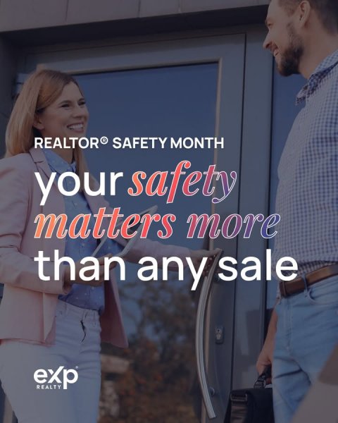 Door, Belt, Person. Text: REALTOR® SAFETY MONTH your safety matters more than any sale exp REALTY
