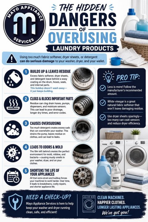 Advertisement, Poster, Washer. Text: MAYO m APPLIANCE THE HIDDEN DANGERS OF SERVICES OVERUSING LAUNDRY PRODUCTS Using too much fabric softener, dryer sheets, or detergent ! can do serious damage to your washer, dryer, and your wallet. BUILDS UP &amp; LEAVES RESIDUE 1 Excess fabric softener, dryer sheets, and detergent leave behind a waxy PRO TIP: and internal parts Less is more! Follow the This buildup doesn't wash away- manufacturer's recommended it just keeps building. amount. 2 CLOGS &amp; BLOCKS IMPORTANT PARTS White vinegar is a great Residue can clog drain hoses, pumps, natural fabric softener that