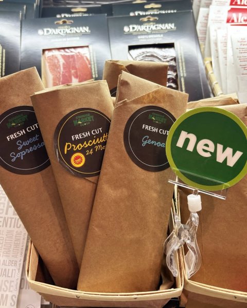 Food, Meat, Bag. Text: Ale MARKET FRESH CUT FRESH CUT Sweet FRESH CUT Genoa Prosciutt new 24 Mo TRADITION ALBER AUTHENTIC