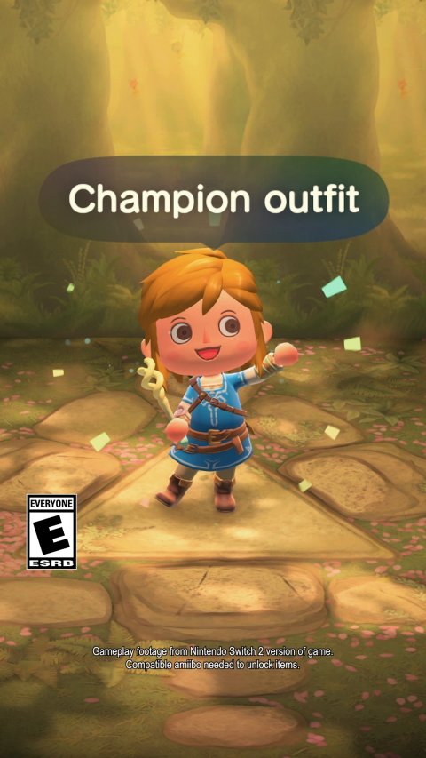 Book, Publication, Comics. Text: Champion outfit EVERYONE E ESRB Gameplay footage from Nintendo Switch 2 version of game. Compatible amiibo needed to unlock items.