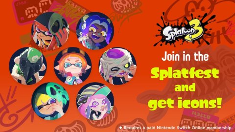 Advertisement, Poster, Disk. Text: Join in the Splatfest and get ieons! Requires a paid Nintendo Switch Online membership.