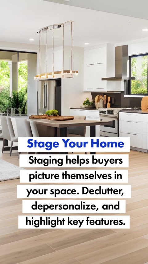 Indoors, Interior Design, Kitchen. Text: Stage Your Home Staging helps buyers picture themselves in your space. Declutter, depersonalize, and highlight key features.