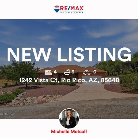 Villa, Hotel, Person. Text: RE/MAX SIGNATURE NEW LISTING 3 4 1242 Vista Ct, Rio Rico, AZ, 85648 Michelle Metcalf