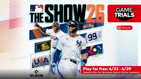 People, Team, Poster. Text: SHOW26 GAME THE TRIALS BULLDOGS Mission A 99 USA Play for free: 4/23-4/29 Special offer for Nintendo Switch Online members PLAYERS