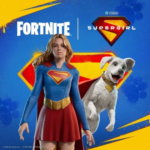 Costume, Person, Woman. Text: STUDIOS FORTNITE SUPERGIRL