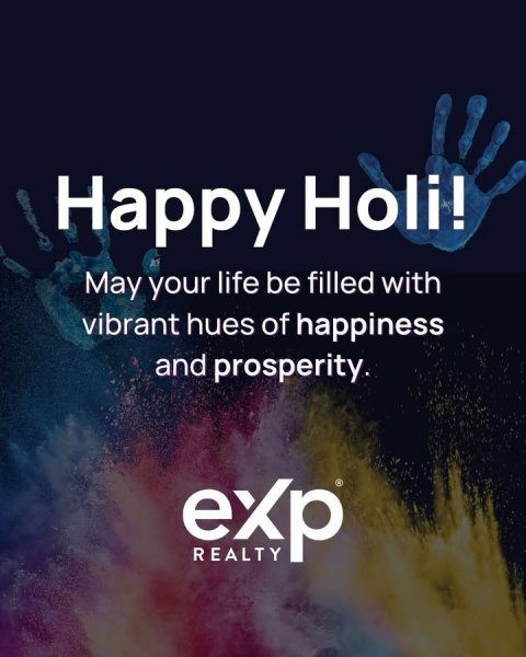 Advertisement, Poster, Book. Text: Happy Holi! May your life be filled with vibrant hues of happiness and prosperity. exp REALTY