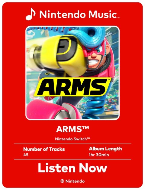 Advertisement, Poster, Person. Text: ARMS™ Nintendo Switch™ Number of Tracks Album Length 45 1hr 30min Listen Now © Nintendo