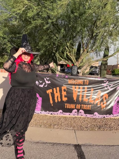 Adult, Person, Woman. Text: WELCOME TO < THE TRUNK VILLAS OR TREAT