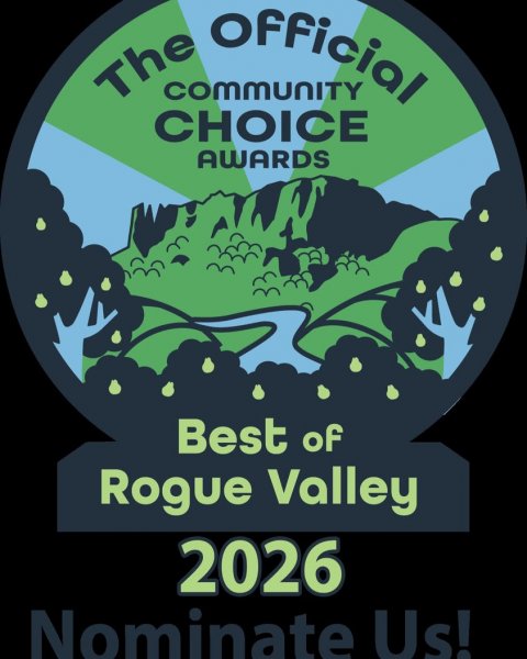 Advertisement, Poster, Disk. Text: Official The COMMUNITY CHOICE AWARDS Best of Rogue Valley 2026 Nominate Us!