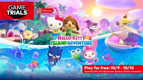Advertisement, Poster, Toy. Text: GAME Mission TRIALS HELLO KITTY ISLAND ADVENTURE Play for free: 10/9-10/15 Special offer for Nintendo Switch Online members