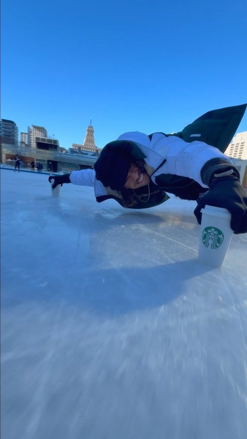 Disposable Cup, Glove, Fallen Person. Text: SKATES
