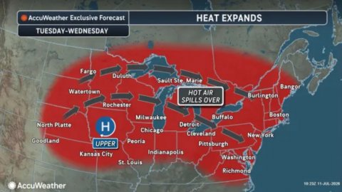 Plot, Outdoors, Sea. Text: AccuWeather Exclusive Forecast HEAT EXPANDS TUESDAY-WEDNESDAY Fargo Duluth Sault Ste Marie Bangor Watertown HOT AIR Burlington SPILLS OVER Rochester Boston Buffalo North Platte H Detroit Chicago Cleveland New York Goodland Peoria UPPER Pittsburgh Indianapolis Kansas City Washington St. Louis AccuWeather