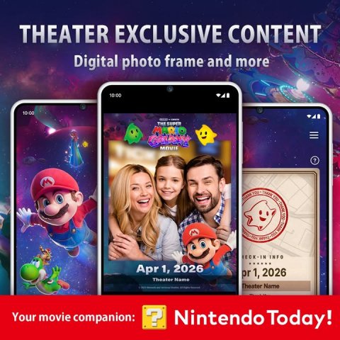 Bride, Person, Woman. Text: THEATER EXCLUSIVE CONTENT Digital photo frame and more 10:00 10:00 THE SUPER MARIO III MOVIE Apr 1, 2026 pr 1, 2026 Theater Name Theater Name Your movie companion: ? Nintendo Today!