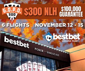 Leaf, Advertisement, Poster. Text: $100, 000 300 $300 NLH GUARÁNTEE 6 FLIGHTS NOVEMBER 12-15 bestbet bestbet ORANGE PARK POKER SIMULCAST J Q A