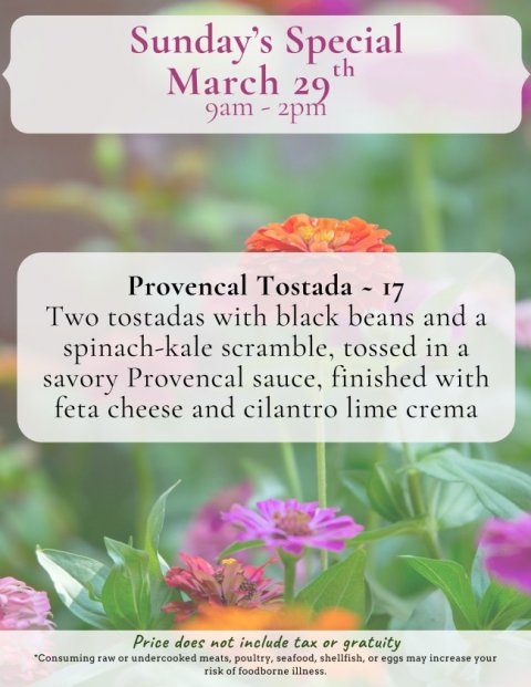 Petal, Advertisement, Herbal. Text: Sunday's Special March 29 th Provencal Tostada - 17 Two tostadas with black beans and a spinach-kale scramble, tossed in a savory Provencal sauce, finished with feta cheese and cilantro lime crema Price does not include tax or gratuity *Consuming raw or undercooked meats, poultry, seafood, shellfish, or eggs may increase your risk of foodborne illness.